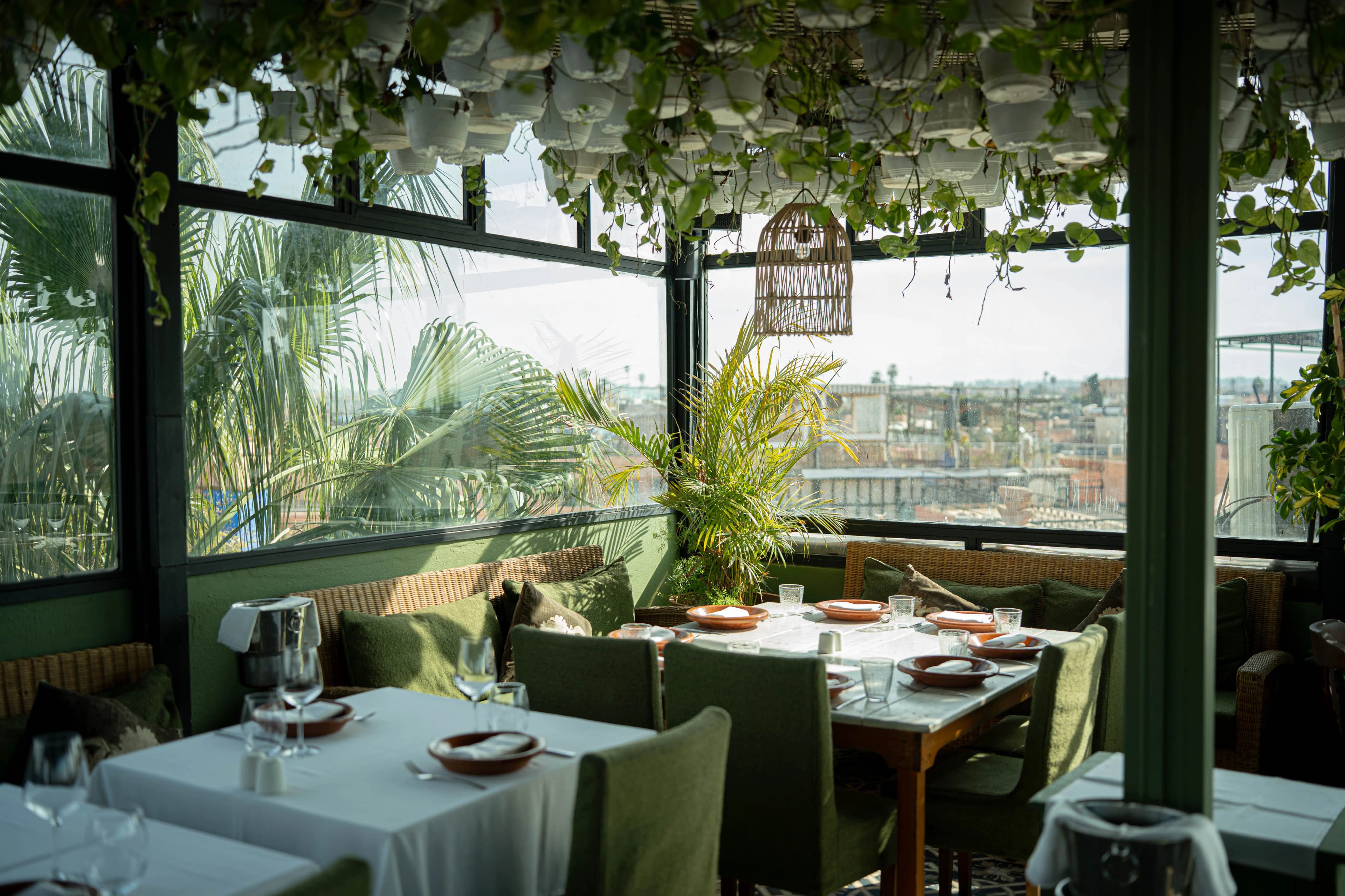 Rooftop terrace with sunset at Le Salama Marrakech restaurant
